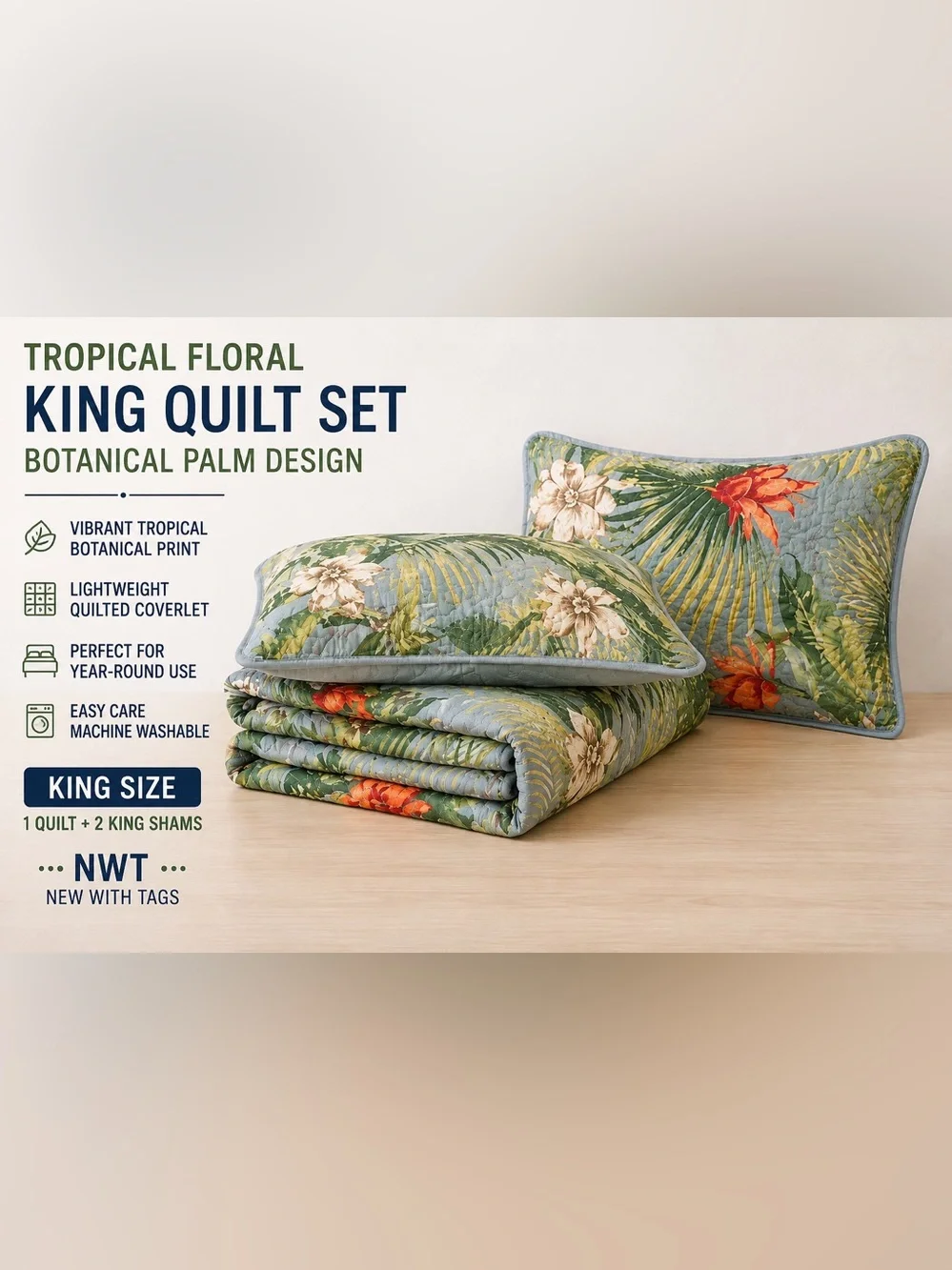 Tropical Floral King Quilt Set Botanical Palm Coastal Bedding NWT